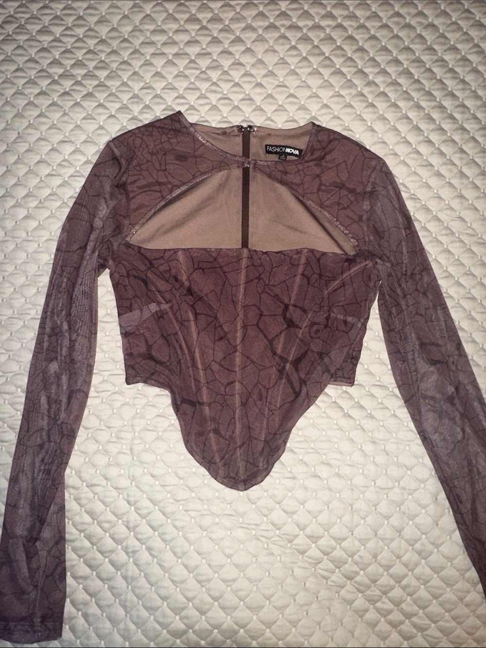 Fashion Nova Mauve/Brown Long-Sleeve Mesh Cutout Bodysuit